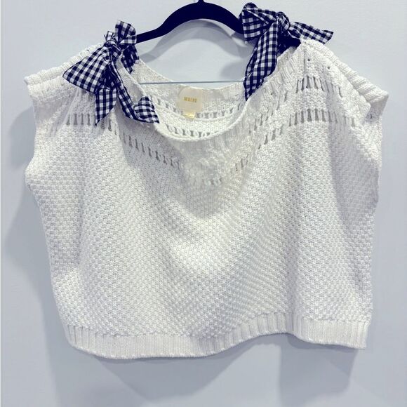 Anthropologie Maeve Gingham Ribbon Sleeve Sweater Small - Picture 5 of 10
